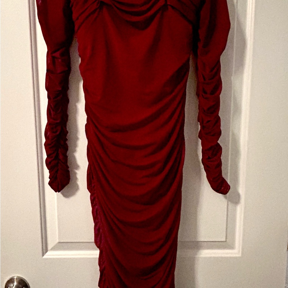 Ruched Long-Sleeve Midi Dress in Deep Red